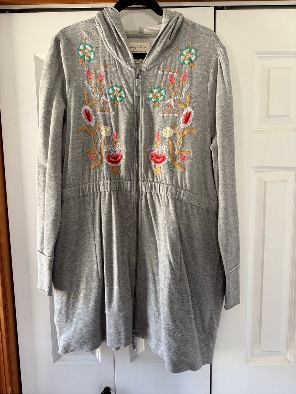 evy's tree Light Gray Hooded Zip Cardigan with Multicolor Floral Embroidery
